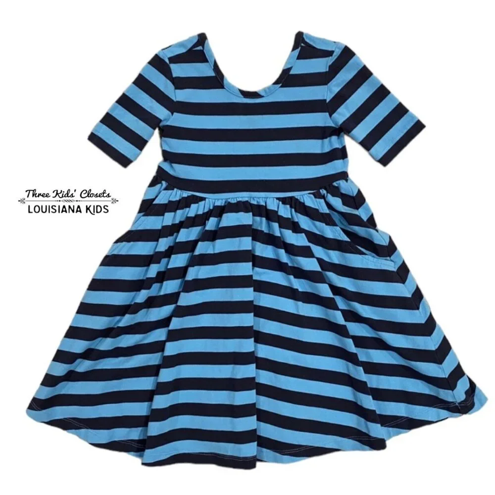 Hanna Andersson Sz 100 (4) Blue & Navy Striped Twirl Dress